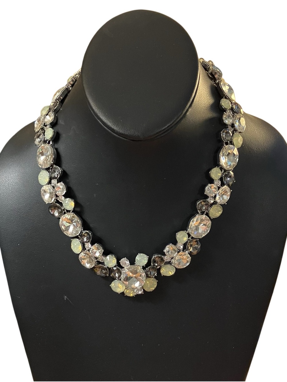 Loft Rhinestone Statement Necklace GLOWS Clear Gray Light Green Silver Tone
